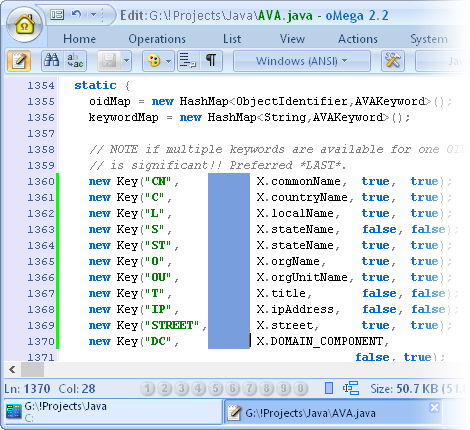 oMega Commander Features. Vertical (column) highlighting in the editor.